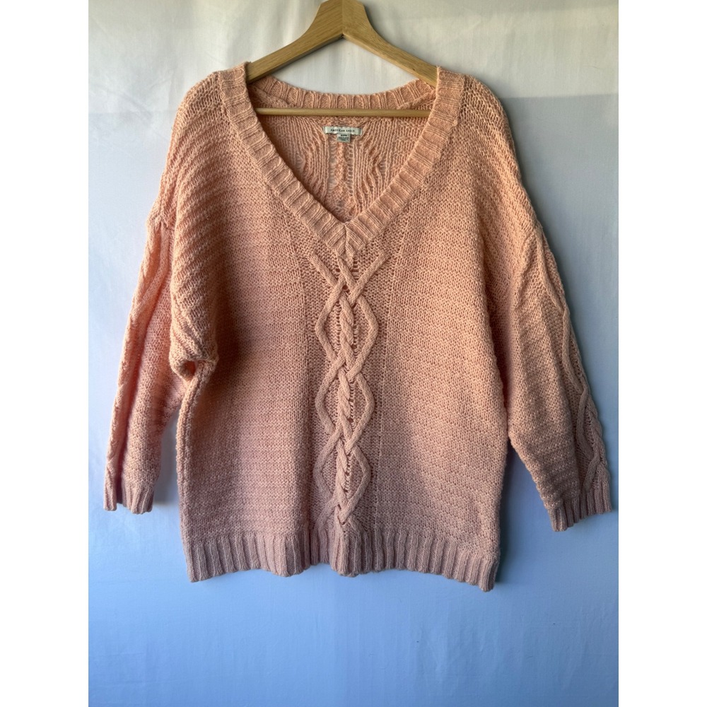 American Eagle Peach Cable Knit V-Neck Wool Blend Sweater Medium Oversized - Picture 2 of 8